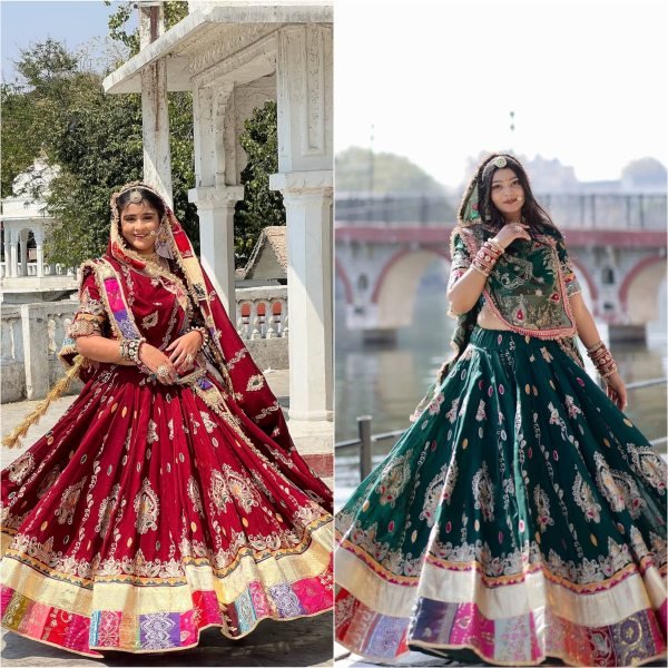 Functional Green Muslin Cotton Mirror Work Lehenga Choli for Navratri and Garba Nights Navratri Lehnega Choli