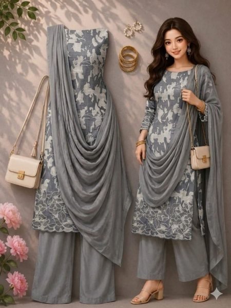 Functional Grey Digital Print Lilan Cotton Dress Material for Everyday Ethnic Wear 