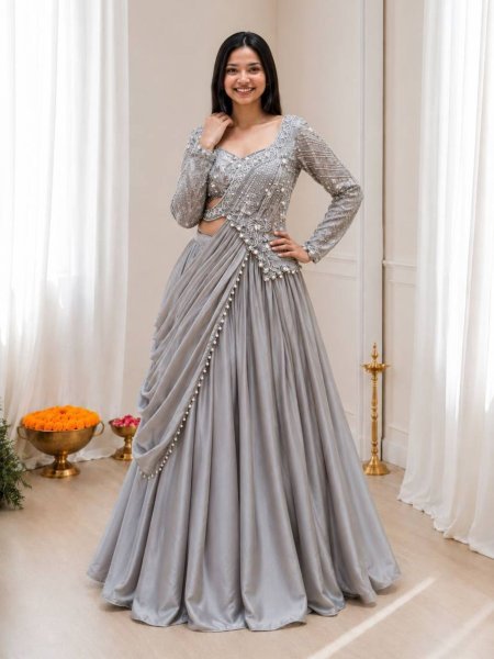Functional Grey Premium Rangoli Silk Lehenga Choli Set with Designer Sequins Embroidery 