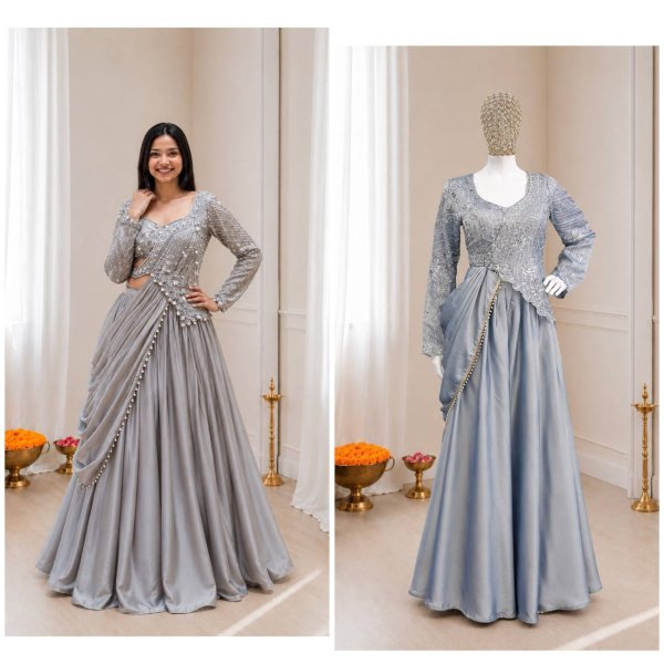 Functional Grey Premium Rangoli Silk Lehenga Choli Set with Designer Sequins Embroidery Designer Lehenga Choli