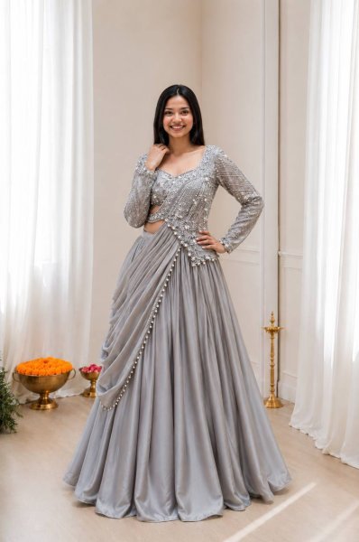 Functional Grey Premium Rangoli Silk Lehenga Choli Set with Designer Sequins Embroidery Designer Lehenga Choli