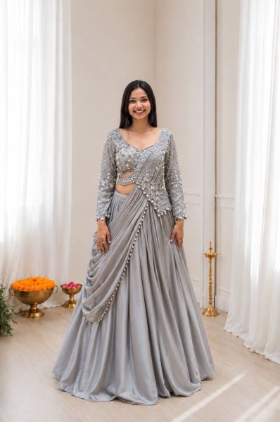 Functional Grey Premium Rangoli Silk Lehenga Choli Set with Designer Sequins Embroidery Designer Lehenga Choli