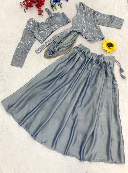 Functional Grey Premium Rangoli Silk Lehenga Choli Set with Designer Sequins Embroidery Designer Lehenga Choli