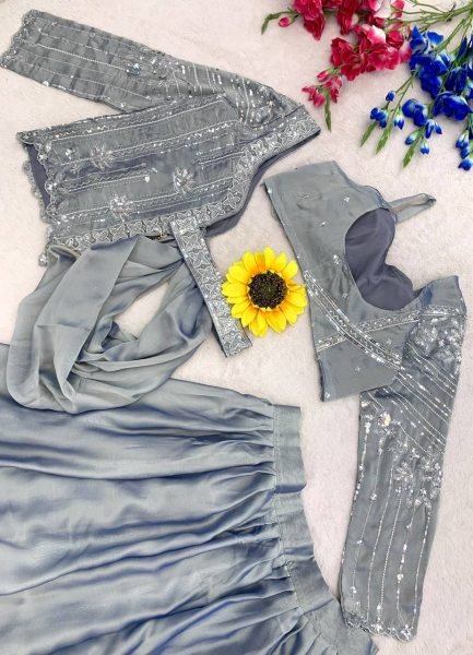 Functional Grey Premium Rangoli Silk Lehenga Choli Set with Designer Sequins Embroidery Designer Lehenga Choli