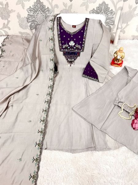 Functional Grey Roman Cotton Blend Embroidered Kurti Pant Set with Designer Embroidered Dupatta for Women Kurtis