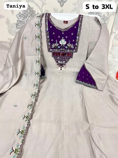 Functional Grey Roman Cotton Blend Embroidered Kurti Pant Set with Designer Embroidered Dupatta for Women Embroidery Kurtis 