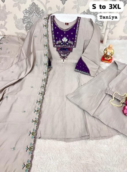 Functional Grey Roman Cotton Blend Embroidered Kurti Pant Set with Designer Embroidered Dupatta for Women Embroidery Kurtis 