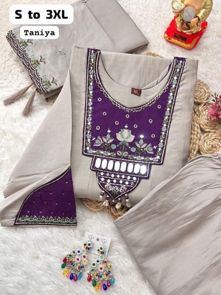 Functional Grey Roman Cotton Blend Embroidered Kurti Pant Set with Designer Embroidered Dupatta for Women Embroidery Kurtis 