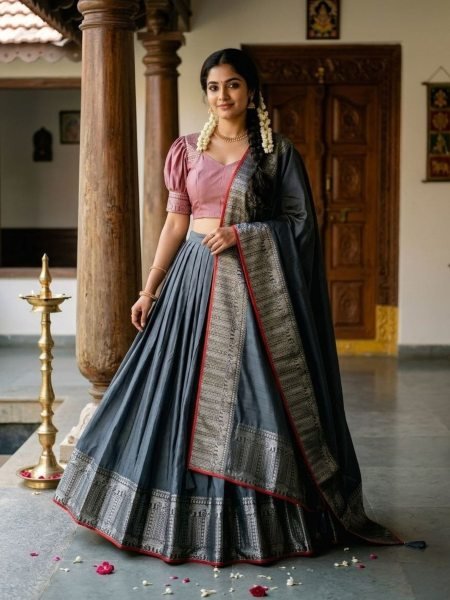 Functional Grey Silk Woven Lehenga Choli with Designer Stitched Blouse For Temple   Lehenga