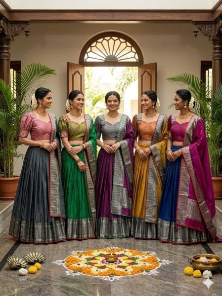 Functional Grey Silk Woven Lehenga Choli with Designer Stitched Blouse For Temple  Half Saree Lehenga