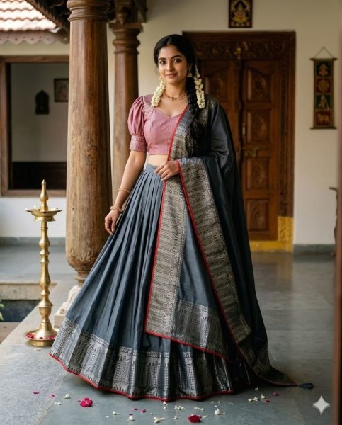 Functional Grey Silk Woven Lehenga Choli with Designer Stitched Blouse For Temple  Half Saree Lehenga