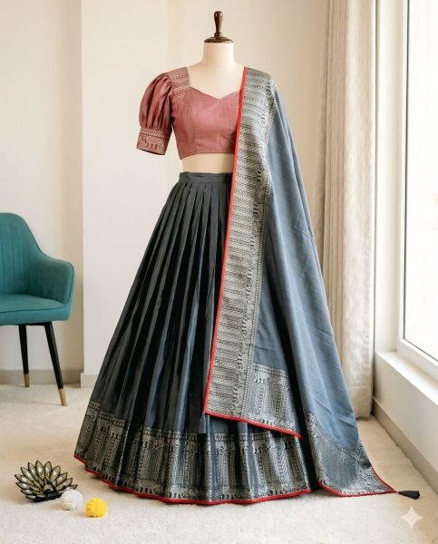 Functional Grey Silk Woven Lehenga Choli with Designer Stitched Blouse For Temple  Half Saree Lehenga