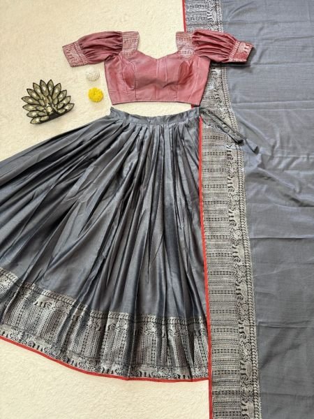 Functional Grey Silk Woven Lehenga Choli with Designer Stitched Blouse For Temple  Half Saree Lehenga