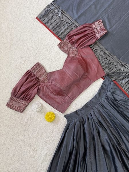 Functional Grey Silk Woven Lehenga Choli with Designer Stitched Blouse For Temple  Half Saree Lehenga