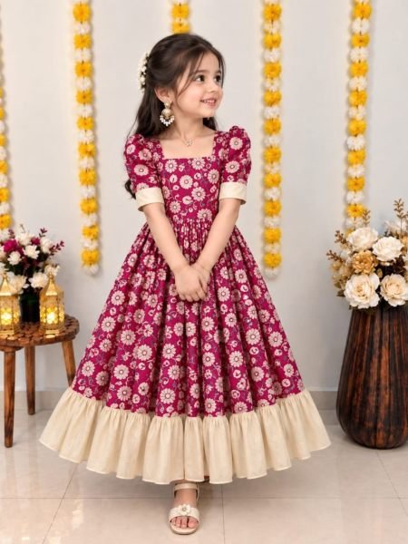 Functional Hot Pink Kids Girls Soft Silk Digital Printed Gown with Cotton Inner 