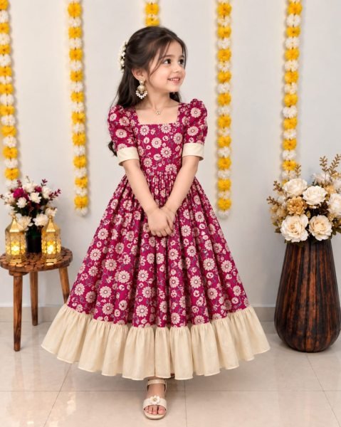Functional Hot Pink Kids Girls Soft Silk Digital Printed Gown with Cotton Inner Girls Wear