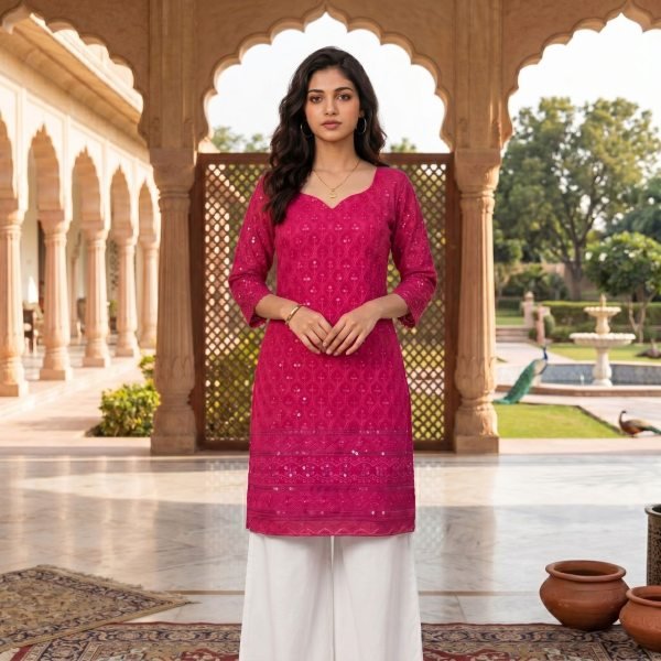 Functional Hot Pink Premium Lightweight Rayon Kurti for Women Comfortable Daily Wear Kurti With Bottom Wholesale