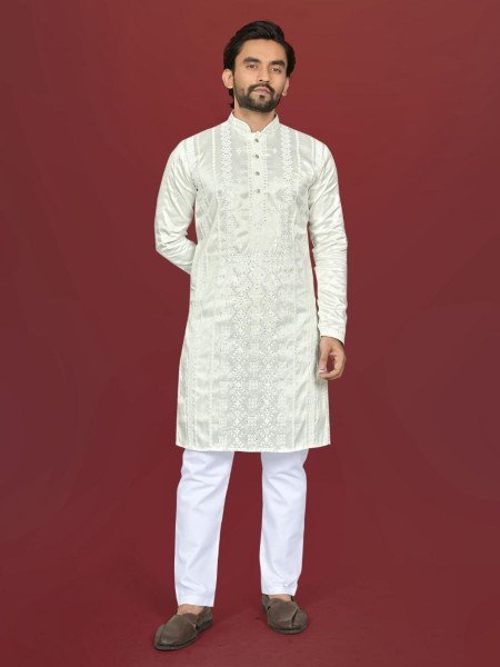 Functional Lemone Yellow Premium Silk Kurta Pajama Set with Sequins Work Mens Wear