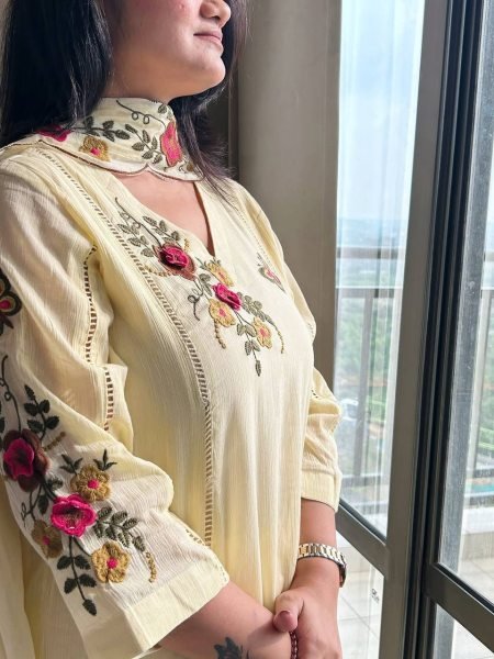 Functional Light Yellow Chinon Embroidered Kurti with Cut Work Dupatta at Wholeslae Rate Ready To Wear Collection