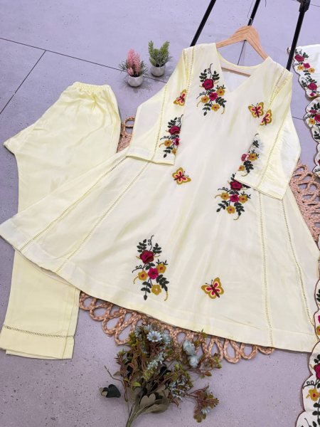 Functional Light Yellow Chinon Embroidered Kurti with Cut Work Dupatta at Wholeslae Rate Ready To Wear Collection