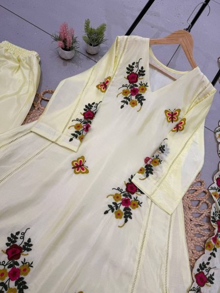 Functional Light Yellow Chinon Embroidered Kurti with Cut Work Dupatta at Wholeslae Rate Ready To Wear Collection