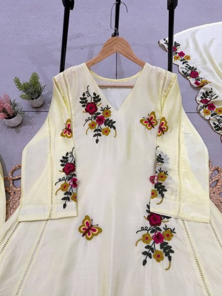 Functional Light Yellow Chinon Embroidered Kurti with Cut Work Dupatta at Wholeslae Rate Ready To Wear Collection