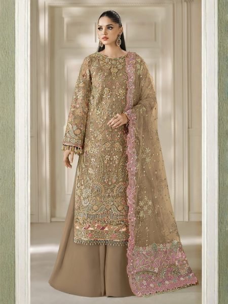 Functional Mahendi Green Heavy Chiffon Maria B Suit with Handwork and Jarkan Detailing Salwar Kameez