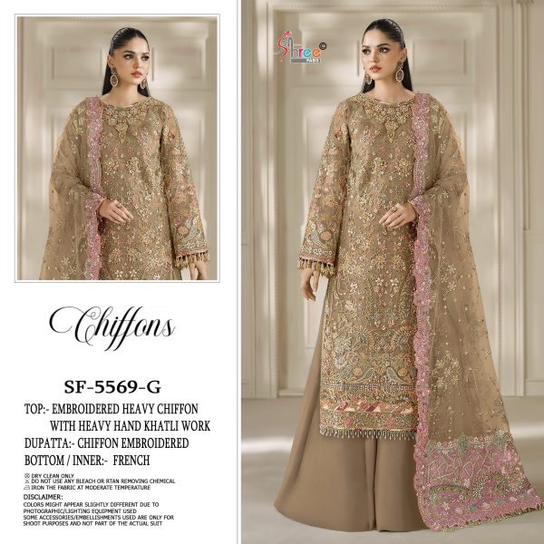 Functional Mahendi Green Heavy Chiffon Maria B Suit with Handwork and Jarkan Detailing Pakistani Suits Wholesale