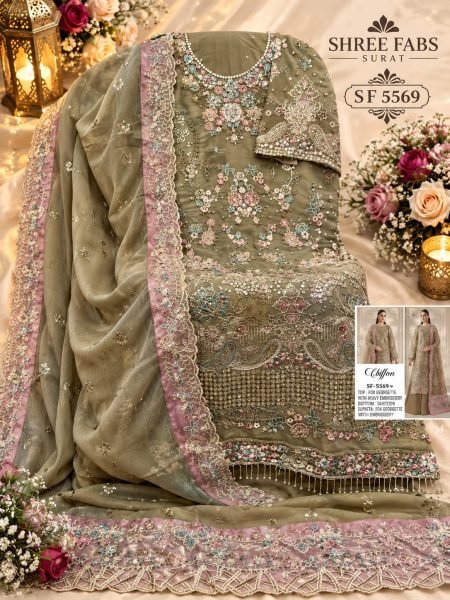 Functional Mahendi Green Heavy Chiffon Maria B Suit with Handwork and Jarkan Detailing Pakistani Suits Wholesale