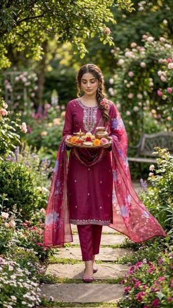 Functional Maroon Cotton Suit with Printed Dupatta for Festive and Casual Wear Embroidery Kurtis 