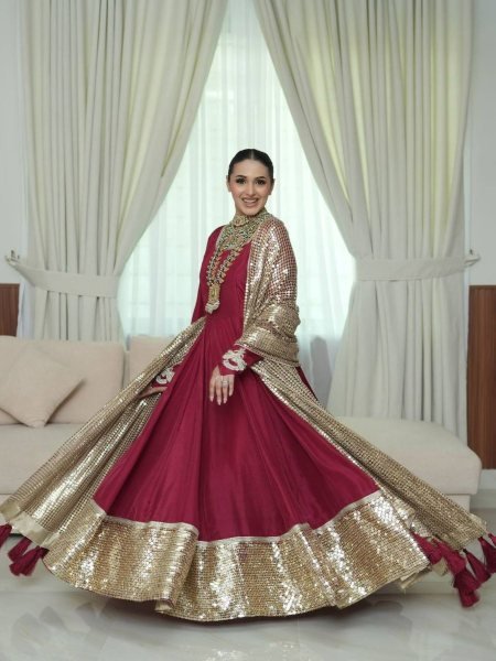 Functional Maroon Fox Georgette Designer Gown with Embroidered Net Dupatta 