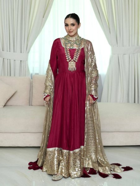 Functional Maroon Fox Georgette Designer Gown with Embroidered Net Dupatta Ready To Wear Collection