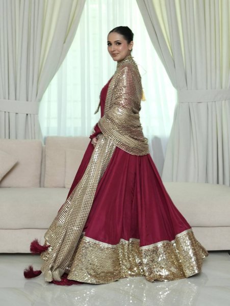 Functional Maroon Fox Georgette Designer Gown with Embroidered Net Dupatta Ready To Wear Collection
