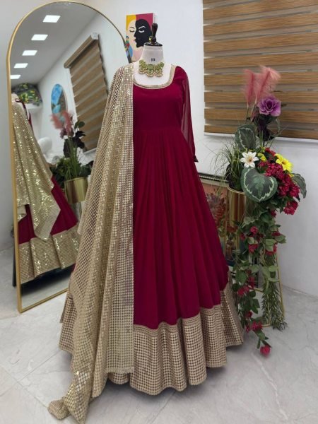 Functional Maroon Fox Georgette Designer Gown with Embroidered Net Dupatta Ready To Wear Collection