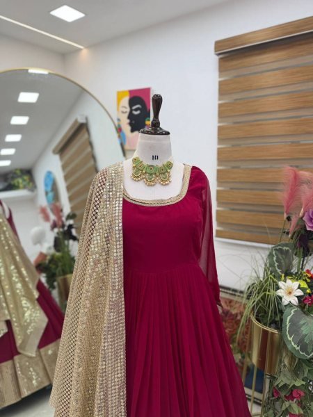 Functional Maroon Fox Georgette Designer Gown with Embroidered Net Dupatta Ready To Wear Collection