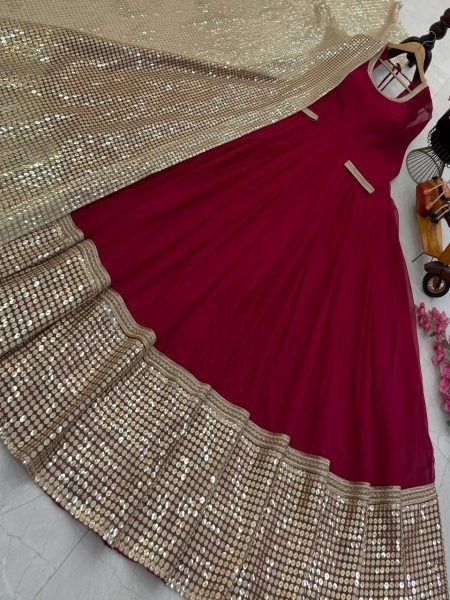 Functional Maroon Fox Georgette Designer Gown with Embroidered Net Dupatta Ready To Wear Collection