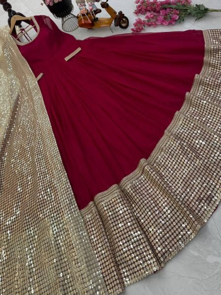 Functional Maroon Fox Georgette Designer Gown with Embroidered Net Dupatta Ready To Wear Collection