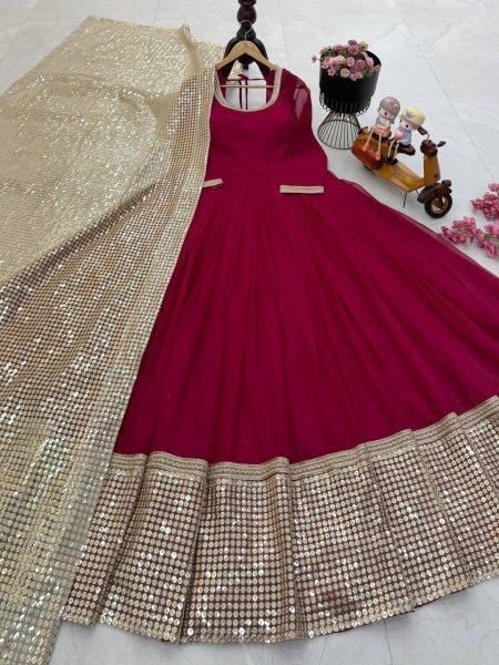 Functional Maroon Fox Georgette Designer Gown with Embroidered Net Dupatta Ready To Wear Collection
