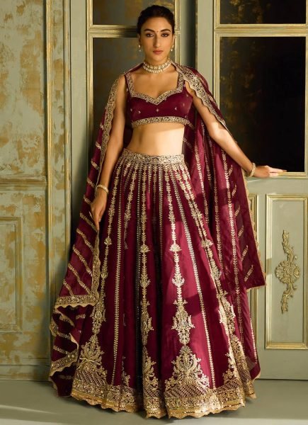 Functional Maroon Kasturi Silk Lehenga Choli with Sequins  Dori and Zari Work with Dupatta Designer Lehenga Choli