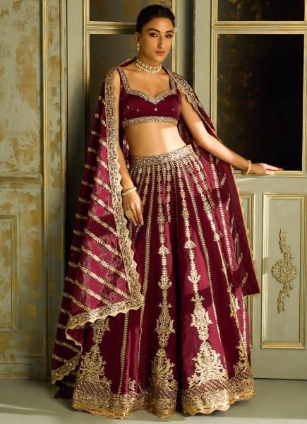 Functional Maroon Kasturi Silk Lehenga Choli with Sequins  Dori and Zari Work with Dupatta Designer Lehenga Choli