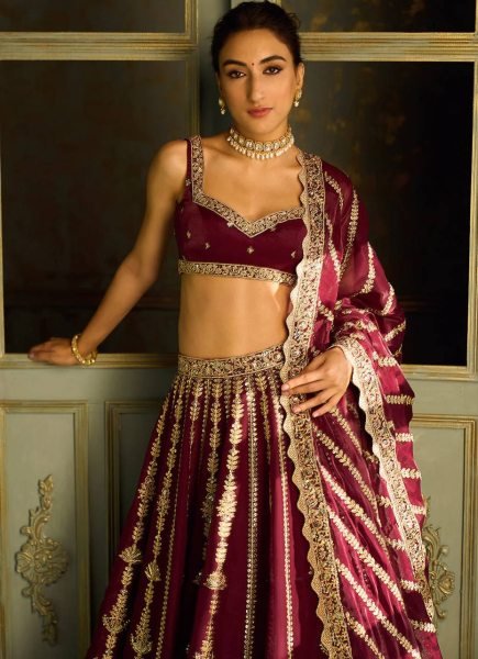 Functional Maroon Kasturi Silk Lehenga Choli with Sequins  Dori and Zari Work with Dupatta Designer Lehenga Choli