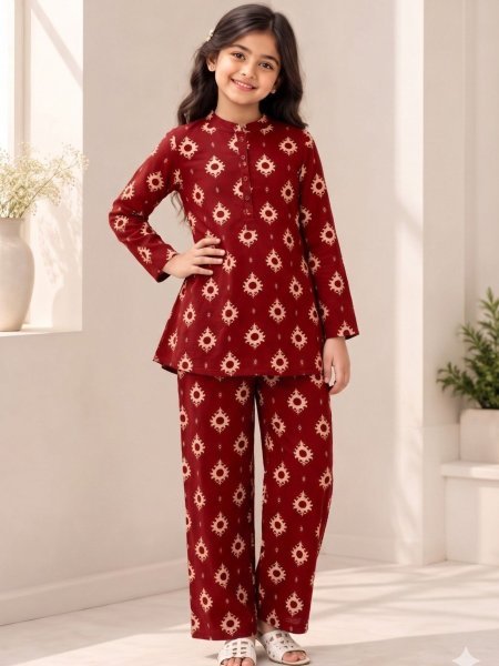 Functional Maroon Latest Designer Kids Cotton Printed Cord Set at Manufacturer  Kurtis