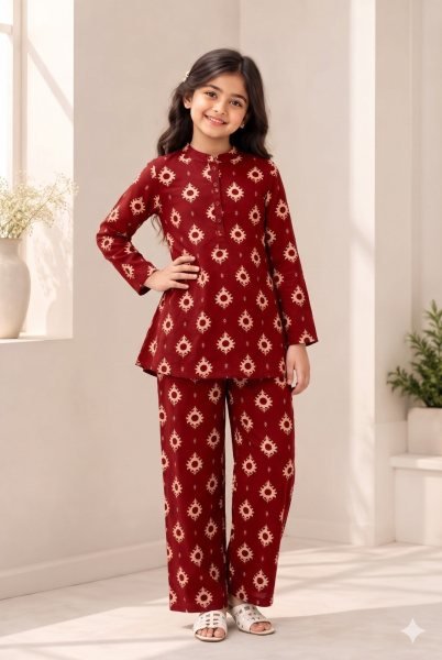 Functional Maroon Latest Designer Kids Cotton Printed Cord Set at Manufacturer  Girls Wear