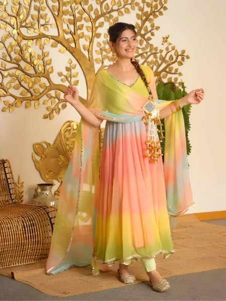 Functional Multi Color Faux Georgette Digital Print Anarkali Suit with Fancy Lace Dupatta For Festival Wear 