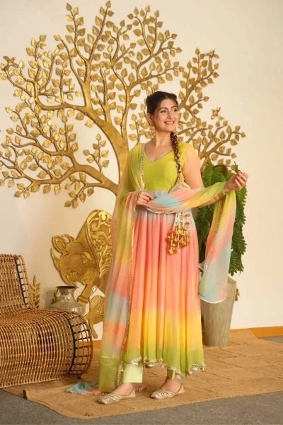 Functional Multi Color Faux Georgette Digital Print Anarkali Suit with Fancy Lace Dupatta For Festival Wear Ready To Wear Collection