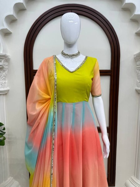 Functional Multi Color Faux Georgette Digital Print Anarkali Suit with Fancy Lace Dupatta For Festival Wear Ready To Wear Collection