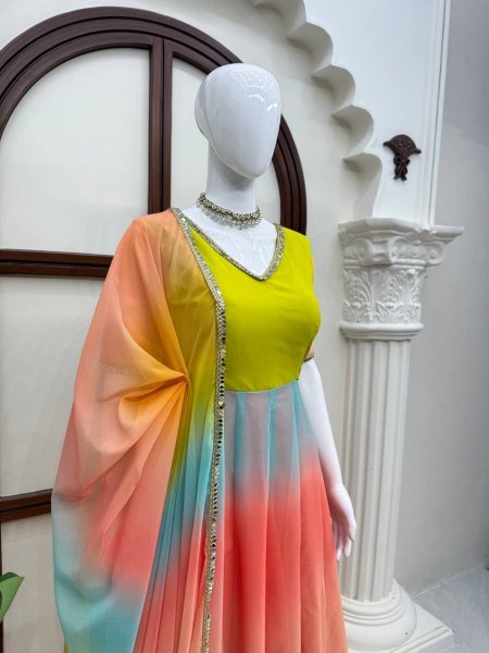 Functional Multi Color Faux Georgette Digital Print Anarkali Suit with Fancy Lace Dupatta For Festival Wear Ready To Wear Collection