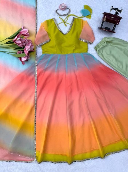 Functional Multi Color Faux Georgette Digital Print Anarkali Suit with Fancy Lace Dupatta For Festival Wear Ready To Wear Collection