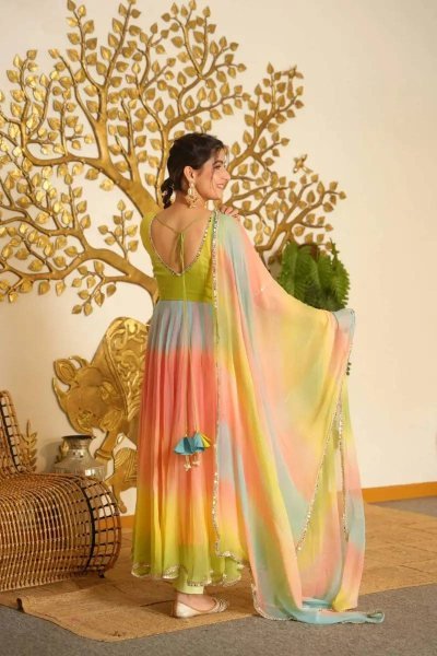 Functional Multi Color Faux Georgette Digital Print Anarkali Suit with Fancy Lace Dupatta For Festival Wear Ready To Wear Collection
