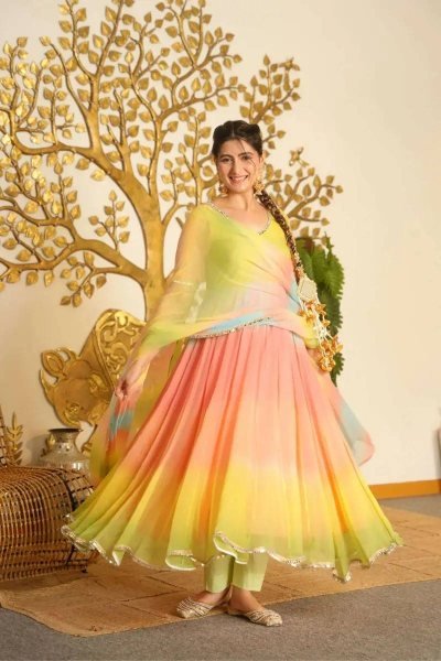 Functional Multi Color Faux Georgette Digital Print Anarkali Suit with Fancy Lace Dupatta For Festival Wear Ready To Wear Collection